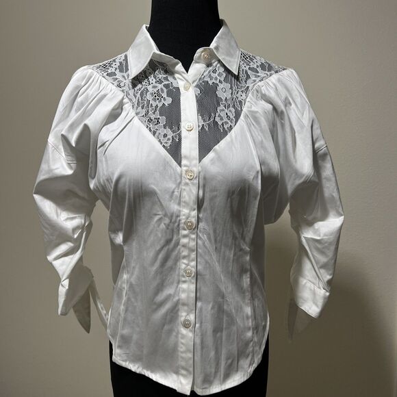 Opening Ceremony Buttondown Cropped Shirt Lace Womens Sz 0 Sleeve Ties White - Picture 1 of 16